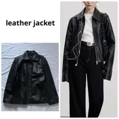 本革　レザージャケット　ジップアップ　レザーブルゾン　ブラック　M