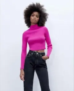 ZARA ドロップ丈タートルリブニットセーター