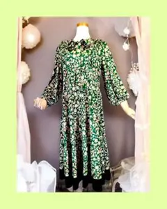 ♣♥♠新品未使用！ベロアボウタイデザイン花柄ロングブラウス　グリーン　42