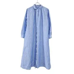無印良品 ブルーストライプリネン洗いざらし長袖シャツワンピース