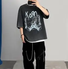 大人気バンドKorn ロックTシャツ オーバーサイズ ヴィンテージ加工ブラック