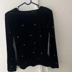 黒 ベルベット 長袖 トップス ストーンベロア
