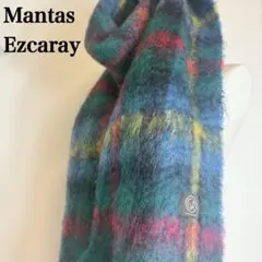 マンタス エスカライ モヘアマフラー チェック柄 フリンジ ウール ロゴ