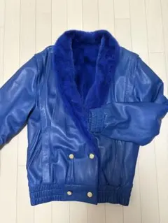 ミンクファー ラムレザー リバーシブル ジャケット ブルゾン Mサイズ ブルー
