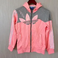 adidas 【L】フード付きフルジップパーカー ピンク 3本ライン スポーツ