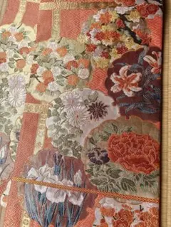 佐賀錦 高級 振袖用 袋帯 雪輪重ね 華やかな花柄 金色系 オレンジ色系