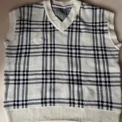 (^-^)ホワイトネイビー チェック柄 Vネックベスト