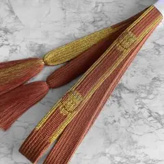 絹 帯締め☆幅広 高麗組 胡桃色（茶色）×金糸 刺繍 多色織り ライン柄 組紐