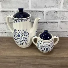 D4②【昭和レトロ】陶器のキャセロール 染付 ブルーの小花柄 持ち