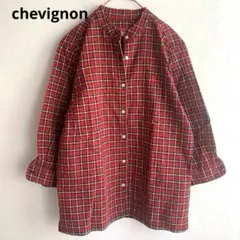 赤とチェック柄のシャツ、ネルシャツ　スタンドカラー　CHEVIGNON 日本製