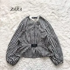 D7【ザラ】ノーカラージャケット　ペプラム　ギンガムチェック　XS ガーリー