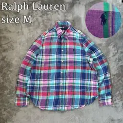 現行 ラルフローレン リネンシャツ マドラスチェック ワンポイント刺繍 M
