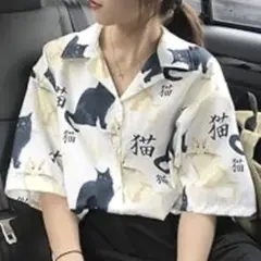 猫イラスト 和風アロハシャツ 未使用