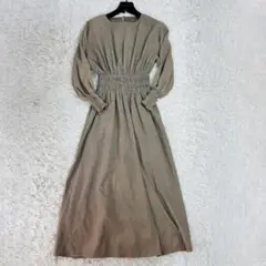 極美品 マキシ丈 ワンピース 長袖 ギャザー フリル ベージュ M Aライン