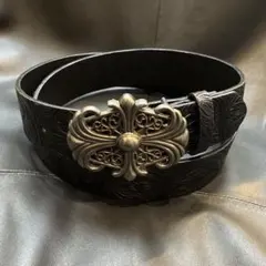 【重厚】オーバルクロス バックル レザーベルト 型押し 黒 ヴィンテージ調