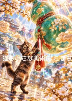 開運アート〈一枚限りの作品〉吉祥瓢箪と猫―実りを招く春光