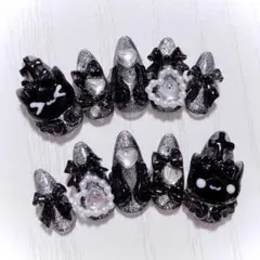 No.453　ネイルチップ 量産型 地雷系 サブカル 平成女児 猫 黒 ブラック