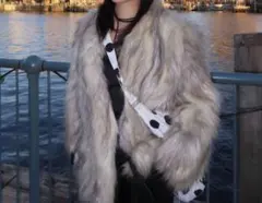 ビンテージ USA製 ロングファーコート ベージュ グレー ストライプ