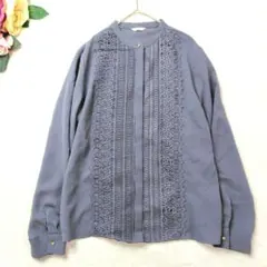 美品✨洗える✨テチチ バンドカラー レース ブラウス 長袖 ブルーグレー F