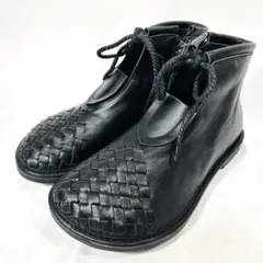 【極美品】ヒナグリーンレーベル 23.5 サイドジップ 本革 編み込み ブラック