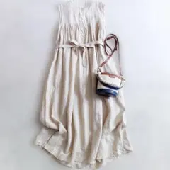 美品✨エストネーション リネン100% Vネックロングワンピース ブルー