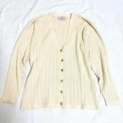 カーディガン ケーブル編み Vネック 金ボタン ベージュ