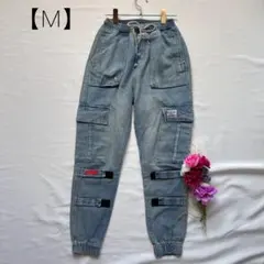 デニムカーゴパンツ　綿混　カジュアルパンツ　ウエストゴム　ラフ　青系　【Ｍ】