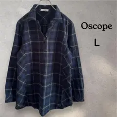 【Oscope】 チェック柄長袖スキッパーシャツ チュニック 緑 紺 L