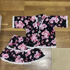 浴衣ドレス★130 桜花柄 レース付き 上下セット 黒ピンク ゴムスカート