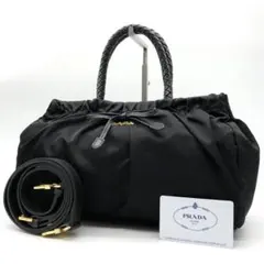 ✨極美品✨プラダ ハンドバッグ 2way ロゴ金具 ゴールド リボン ナイロン