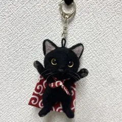 羊毛フェルト　黒猫マン　キーホルダーver.