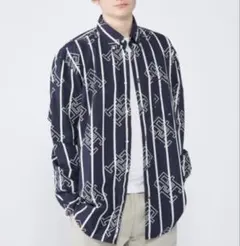 TOMMY HILFIGER 長袖シャツ モノグラム ストライプ 総柄 ネイビー