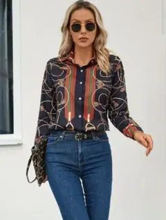 ✛ 新品 ✛ チェーンプリントボタンフロントシャツ Ｌサイズ