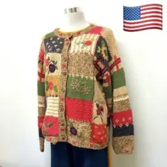 90s アメリカンヴィンテージ ニットカーディガン 刺繍 3D立体 レトロ 古着