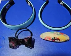 和風柄バレッタ、花柄リボンの髪飾り、ブルーカチューシャ2点、計4点セット