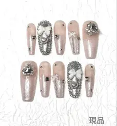 ネイルチップ　ワンホン　ベイビーブーマー　韓国　スナ系　リボン　冬　バレリーナ