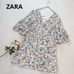 ザラベーシック ZARA 花柄 Vネック ティアードスリーブ チュニック 白のサムネイル
