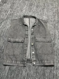 グレー デニムベスト ノースリーブ