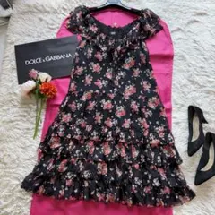D&G ロングワンピース 花柄 ノースリーブ ブラック 38 リボン レース 