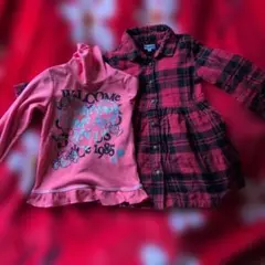 赤と黒のチェック柄長袖ワンピースとハイネックセット100cm