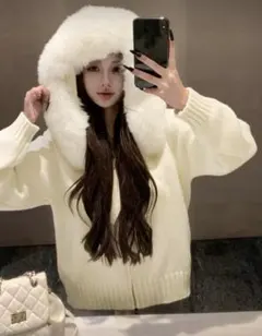 SHEIN ファー付きパーカー ニットパーカー フーデットニットカーディガン