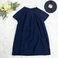 美品 シップスエニィ ピコネックブラウス 半袖 シャツ 紺 ネイビー F 洗えるのサムネイル