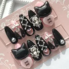 ネイルチップ 量産型 地雷 サブカル 天使界隈 ピンク 黒 猫 ハート 十字架