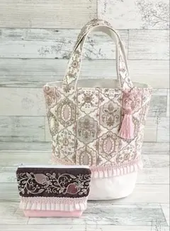 【ハンドメイド】⑤インド刺繍生地と帆布のトートバッグ＋今だけ試作品ポーチ付