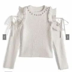 ショルダーオープンフリルリボンパールシャギーニットトップス[tw1238]