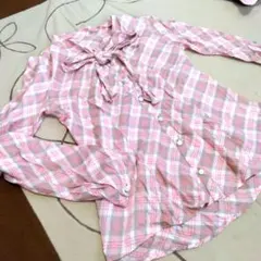 【希少】バーバリーブルーレーベル　半袖ボウタイブラウス シャドーチェック 総柄 希少】バーバリーブルーレーベル 半袖ボウタイブラウス シャドー