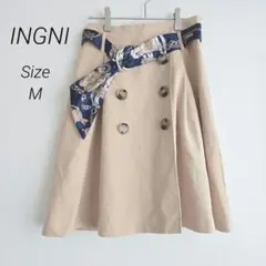 イング 柄サッシュ付 トレンチミニフレアスカート ベージュ M ダブルボタン