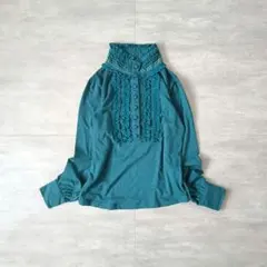 vintage スタンドカラー フリル ブラウス ターコイズ M レトロ古着