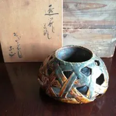 石川村白山窯 白山焼 千野田知己 象嵌菱文六角壺 烙印/共箱付き 高さ約