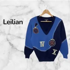 Leilian レリアン Vネックセーター 切替柄 ブルー ブラック XL相当